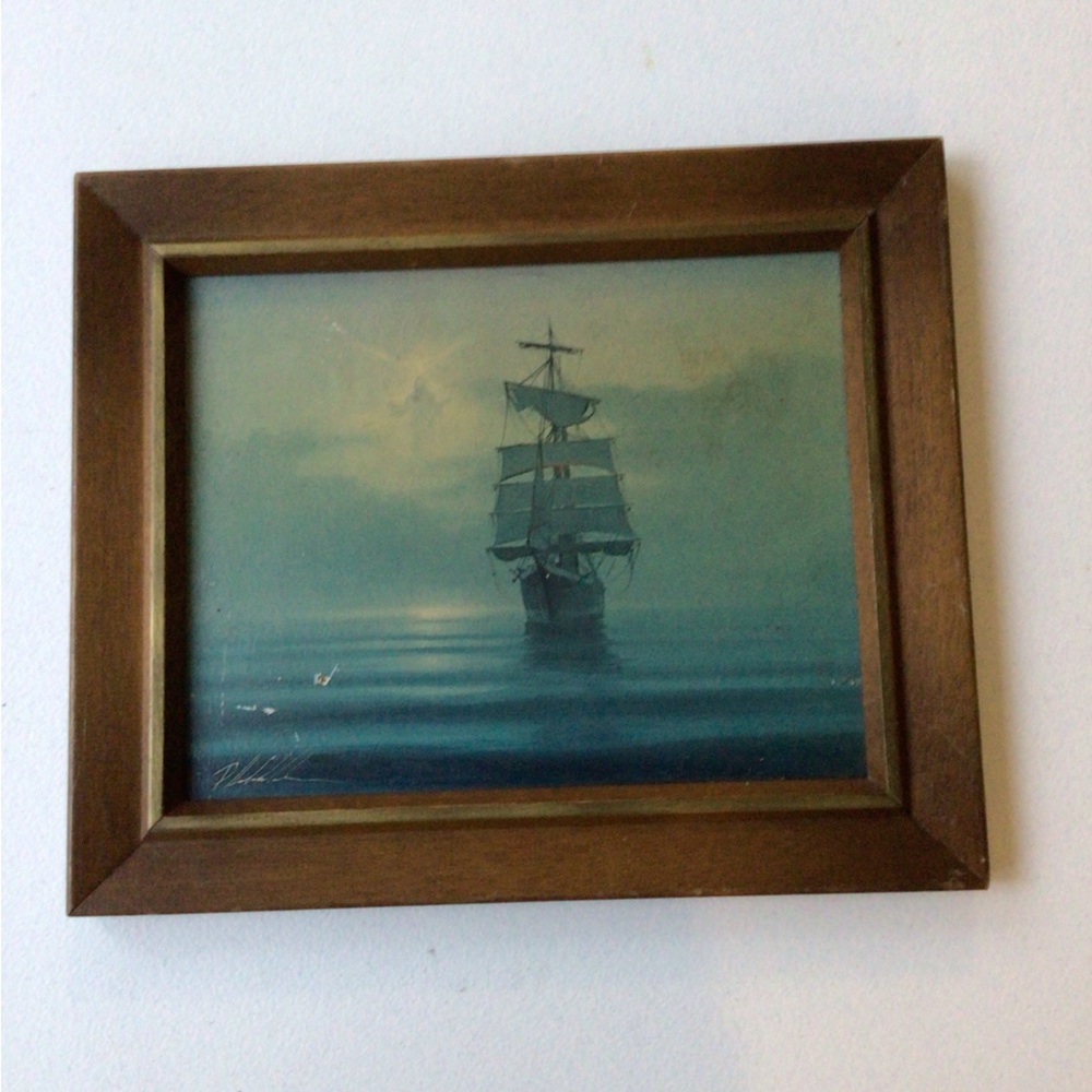 Sailing Ship Art in Blue and Brown Frame